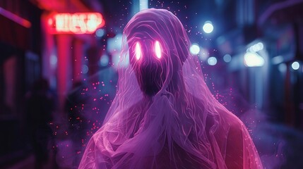 Ghostly creature illuminated by RBG neon lights, translucent with Mschiffers art style, floating light particles around - obrazy, fototapety, plakaty