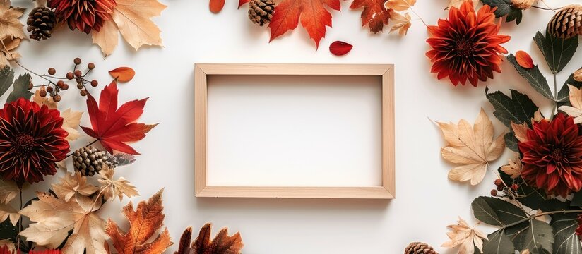 Autumn-themed arrangement with a photo frame, flowers, and leaves set against a white background. Represents the essence of autumn, fall, and Thanksgiving.