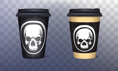 Coffee cup design - pirate skull on a black background. Jolly Roger. Realistic 3D mockup. Presentation of coffee cup design. Transparent background, normal shadows and lighting.