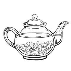 Teapot of tea with healthy tea, rose. Hand drawn vector illustration.