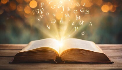 imagine opening an old book blurred with magic power on the table and the english alphabet floating above the book with magic light as a beautiful background design