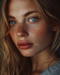Intimate close-up of a woman with striking blue eyes and natural freckles, conveying raw beauty and subtle emotion
