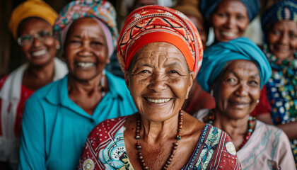 Portrait of Joyful Senior Women with Traditional Headscarves - Unity in Diversity - obrazy, fototapety, plakaty