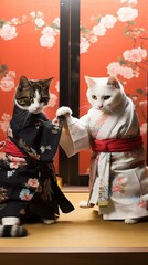 Two cats wearing kimono for martial arts at training 