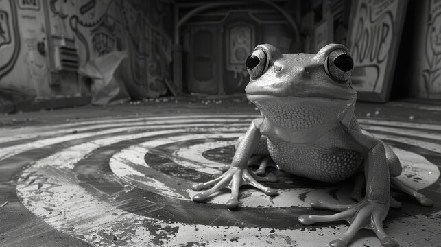  a black and white photo of a frog sitting on the floor in front of a wall with graffiti on it.