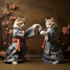 Two cats wearing kimono for martial arts at training 