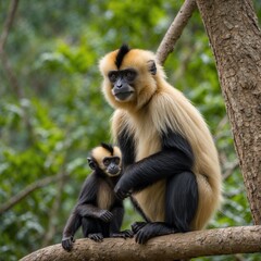 Fototapeta premium WHITE-HANDED GIBBONS GROOMING HYLOBATES LAR, VULNERABLE. THAILAND, MALAY PENINSULA, SUMATRA.