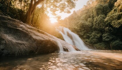 waterfall green tropical forest nature blurred gold background