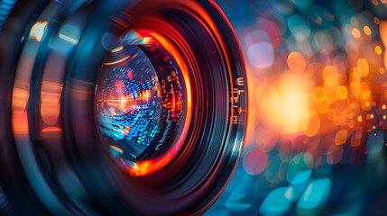 Camera lens, Close-up of a digital camera. Large copyspace, lens light, Generative AI - obrazy, fototapety, plakaty