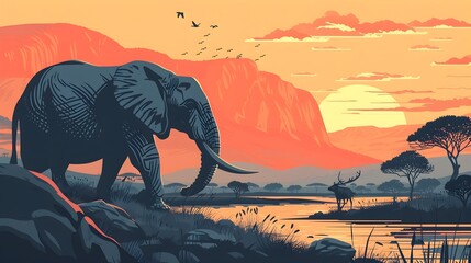 Majestic Elephants Roam the Untamed African Wilderness in a Stunning Vintage-Inspired Landscape