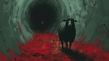 Fototapeta premium a painting of a sheep standing in front of a dark tunnel with red paint splatters on the floor.