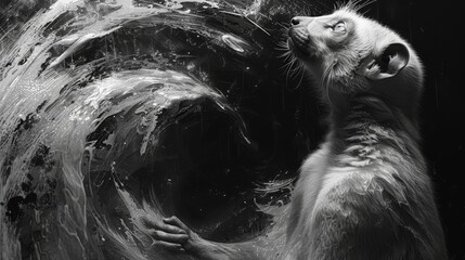 a black and white photo of a ferret looking up into a vortex of water on a black and white background.