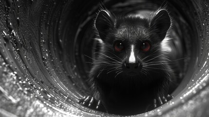  a black and white photo of a raccoon looking out of a pipe with water droplets all around it.