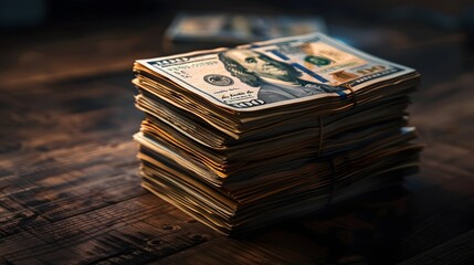 Significant Financial Security Represented by Stacked Bountiful Cash on Wooden Surface