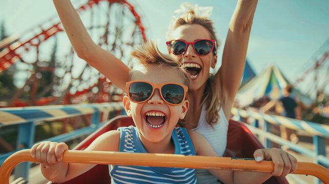 Joyful Mother and Son Enjoying Roller Coaster Ride at Summer Theme Park