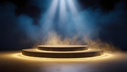 illuminated stage with blue lights and smoke on black background