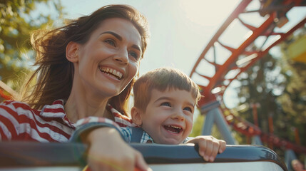 Fototapeta na wymiar Joyful Mother and Son Enjoying Roller Coaster Ride at Summer Theme Park