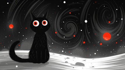  a black cat sitting on top of a snow covered ground next to a night sky with red and white stars.