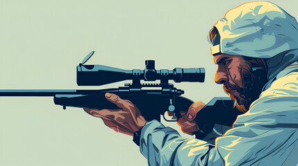  Minimalist Cartoon American Sniper Aiming a Rifle - obrazy, fototapety, plakaty
