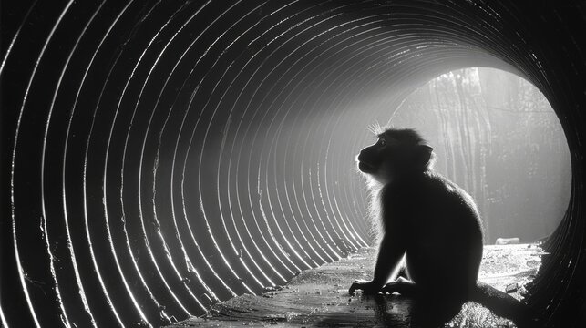  a black and white photo of a monkey sitting in the middle of a tunnel with its back to the camera.