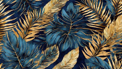 Fototapeta na wymiar golden and black tropical leaves seamless pattern on a dark background exotic botanical design beautiful luxury dark blue textured background frame with golden and blue tropical leaves