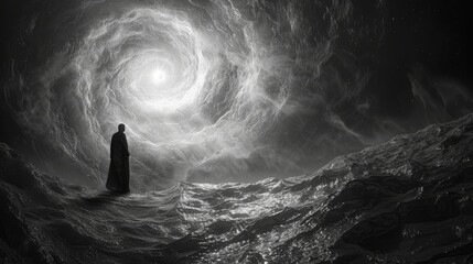  a black and white photo of a person standing in the middle of a body of water with a spiral vortex in the background. - obrazy, fototapety, plakaty