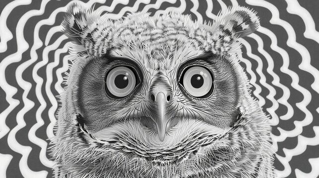  a black and white photo of an owl's face with eyes wide open and a spiral pattern in the background.