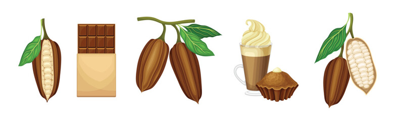 Chocolate Product with Plant Pod, Bar and Dessert Vector Set