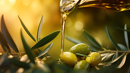 Olives and olive oil floating on a green background Close up fresh olives with spoon olive oil 
