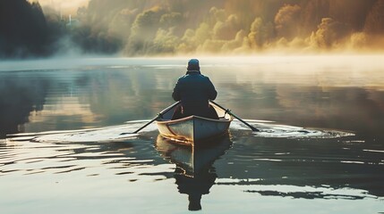 Solitary Boater Navigating Serene Lake in Misty,Atmospheric Landscape - obrazy, fototapety, plakaty