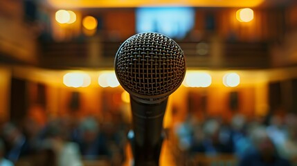 Microphone on Stage Surrounded by Audience for Public Speaking or Conference Event - obrazy, fototapety, plakaty