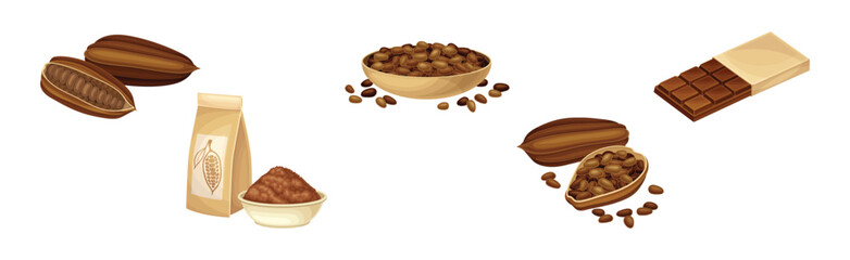 Chocolate Product with Bean, Pod, Bar and Powder Vector Set