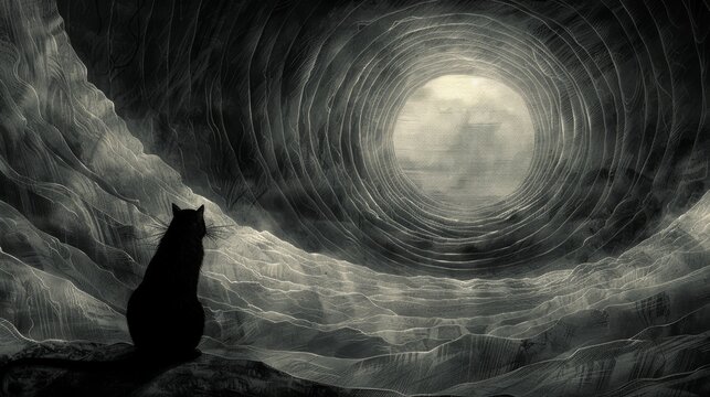  a black and white photo of a cat sitting in front of a black and white picture of a dark sky.