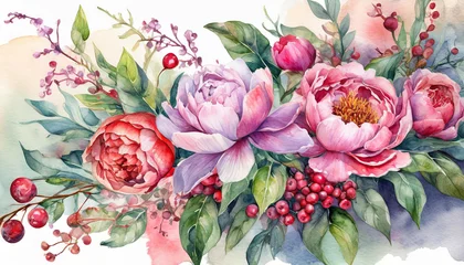 Foto op Canvas Colorful watercolor illustration of beautiful spring flowers. Hand drawn card with floral arrangements © hardvicore