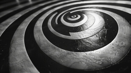  a black and white photo of a spiral design on a metal surface that looks like something out of a book.