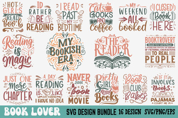 Typography t shirt Design Bundle SVG Cute File book lover svg design, Book Lover vector, Book Lover sticker, book silhouette clipart - obrazy, fototapety, plakaty