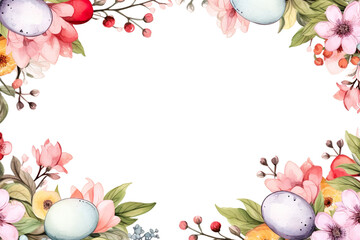 Naklejka na ściany i meble easter frame decorated with colourful easter eggs and flowers, digital illustration, Generative AI