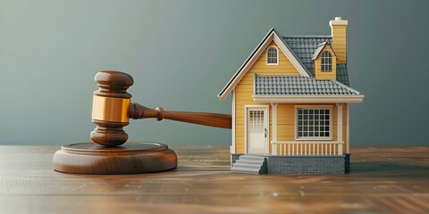 Auctioneers gavel on a model house symbolizing real estate law taxes profits and investment in home purchase. Concept Real Estate, Auctions, Property Investment, Home Purchase, Legal Matters - obrazy, fototapety, plakaty