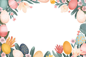 easter frame decorated with colourful easter eggs and flowers, digital illustration, Generative AI - 767141590