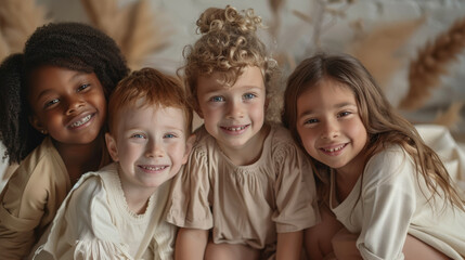 Fototapeta premium Cheerful children of different ethnicities in diversity photo shoot on soft color background.