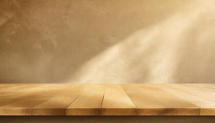 empty wooden table on stucco background with natural shadow on the wall mock up for branding products presentation food and health care