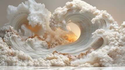  a white sculpture of a wave with clouds and a sun in the middle of the wave, on a white surface.