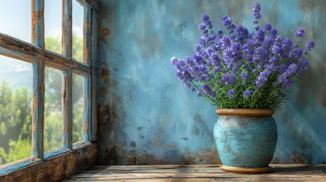  a vase filled with purple flowers sitting on top of a window sill next to a wooden window sill.