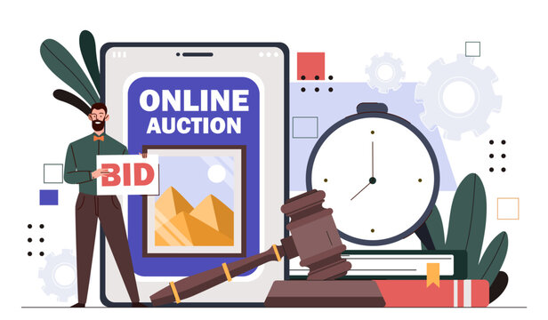 Online auction concept. Man with bid near judge gavel and timer. Deals with pictures and art products. Auctioneers competition. Cartoon flat vector illustration isolated on white background