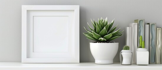 Fototapeta na wymiar A white picture frame with a succulent plant in a pot displayed on a shelf or desk in a landscape orientation, with a white color scheme.