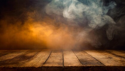 smoke seen in dark background near old wooden table - obrazy, fototapety, plakaty