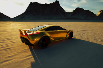 Elegant Sports Car Basking in the Sunset Amidst Desert Terrains - obrazy, fototapety, plakaty