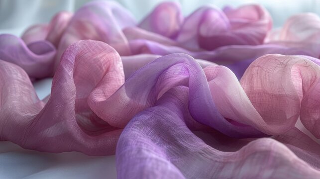  a close up of a pink and purple scarf on a white surface with a white table cloth in the background.