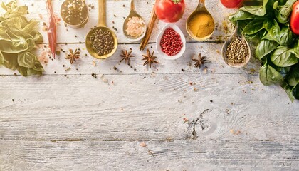 Fototapeta na wymiar white wooden background of cooking spices and vegetables top view free space for your text
