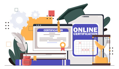Online certification concept. Distant education and training. Graduation cap near calendar and hourglass. University or college. Cartoon flat vector illustration isolated on white background